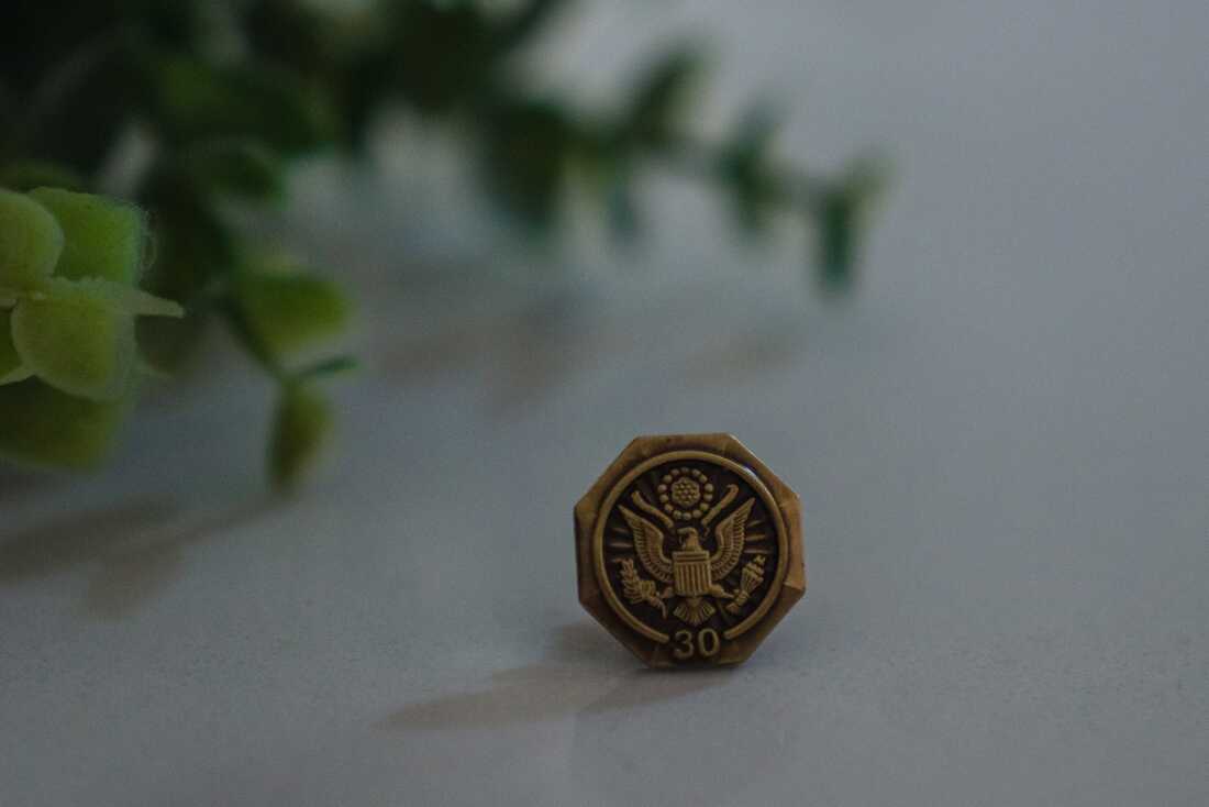 一个小的棕色销的八角形形状，带有鹰，上面有30。