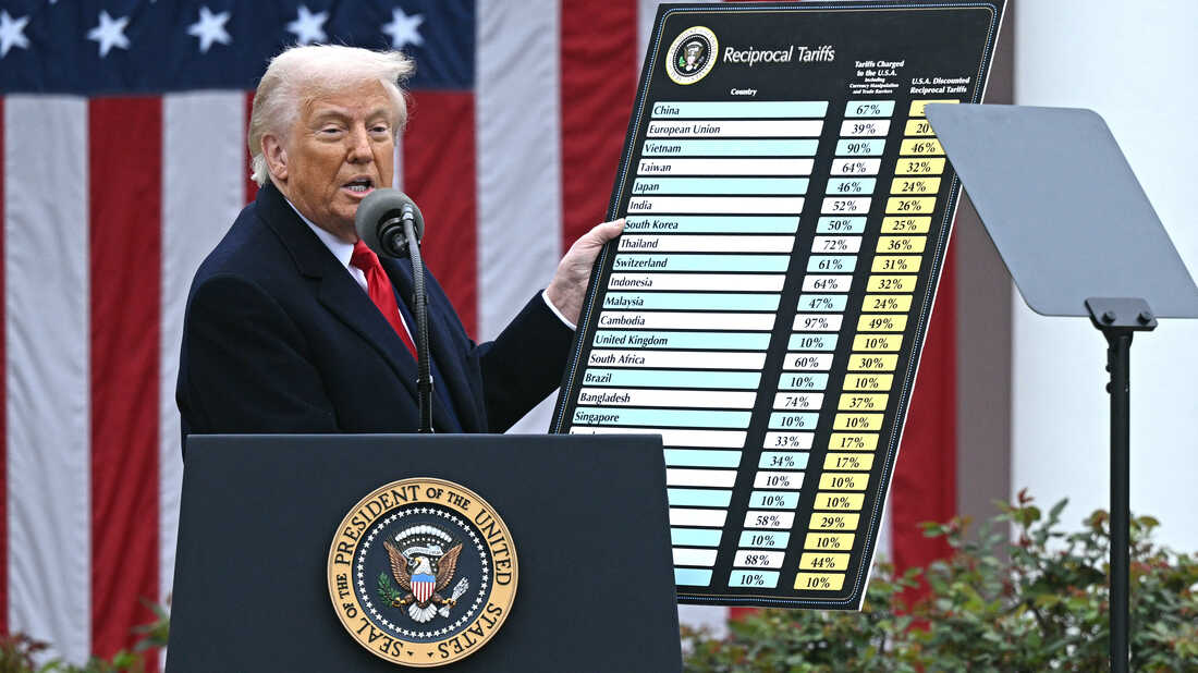 美国总统唐纳德·特朗普（Donald Trump）在2025年4月2日在华盛顿特区的白宫举行的玫瑰园中发表了关于互惠关税的评论，该刊物持有图表。