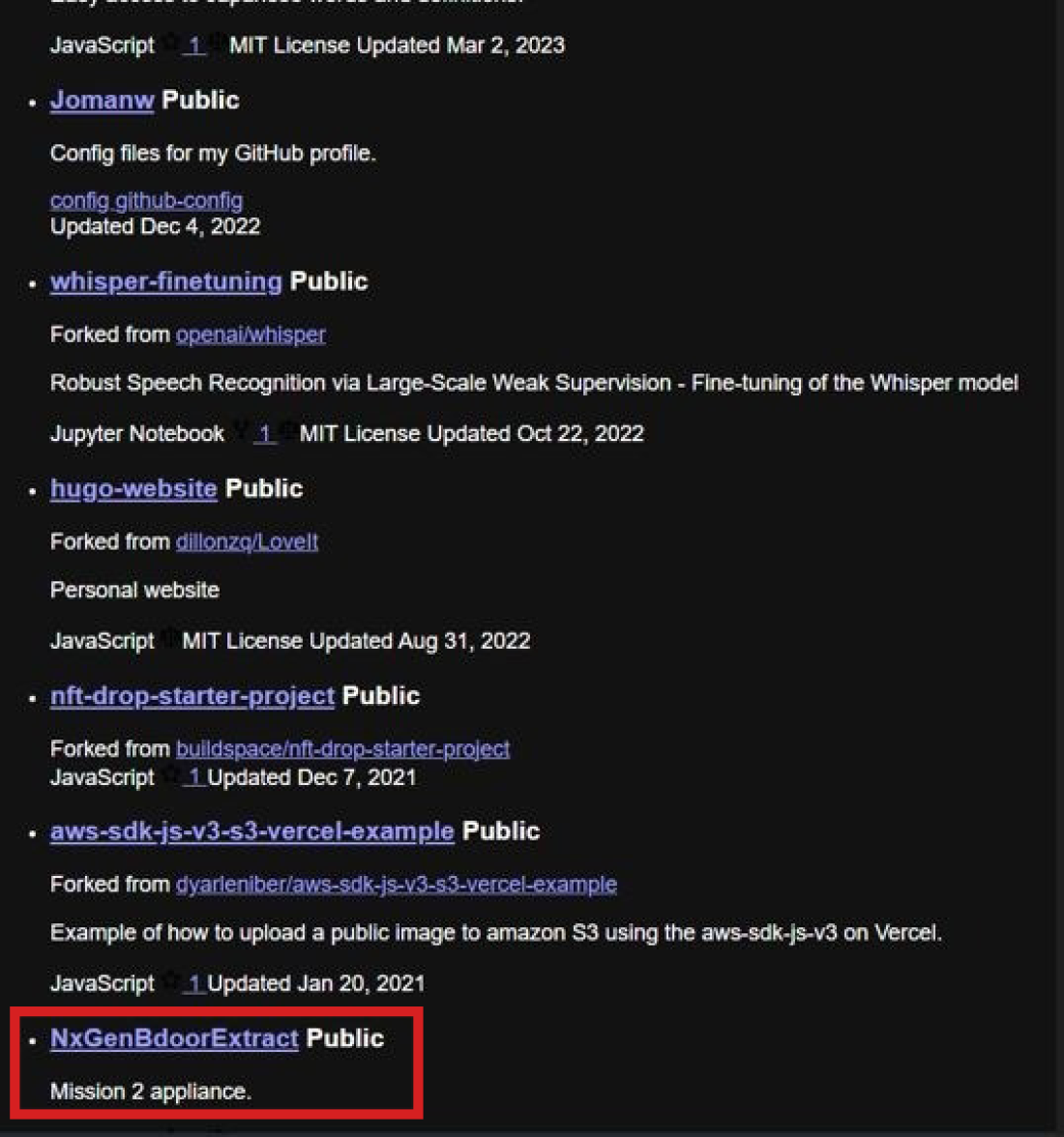 Doge工程师Jordan Wick的公共GitHub帐户的屏幕截图显示 "nxgenbDoorextract。" 这个名字本身表明，威克本来可以设计后门，或者 "Bdoor，" 从NLRB的内部病例管理系统中提取文件。