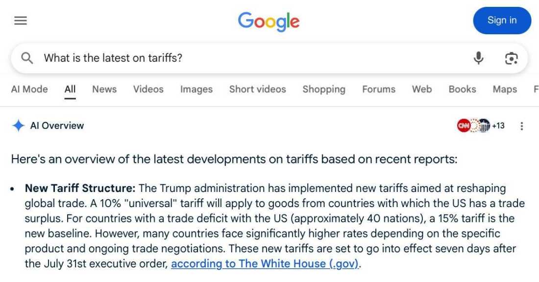 此屏幕截图显示了Google的AI概述，为问题提供了AI驱动的答案 "最新的关税是什么？"
