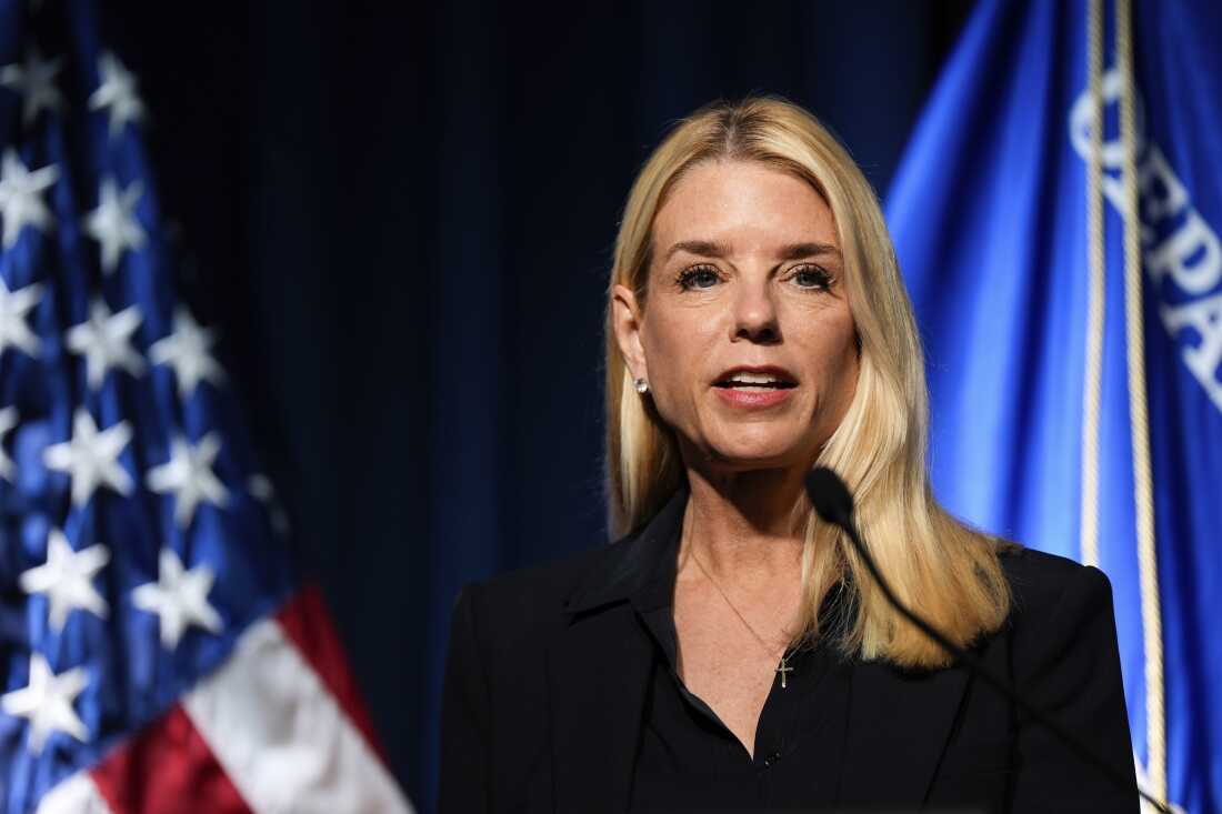 总检察长帕姆·邦迪（Pam Bondi）在弗吉尼亚州阿灵顿的新闻发布会上发表讲话