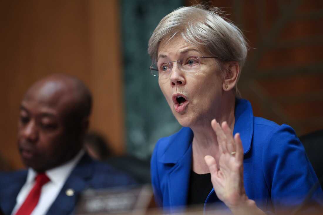 参议员伊丽莎白·沃伦（Elizabeth Warren）在2025年9月4日在华盛顿特区的参议院银行委员会的确认听证会上提问。