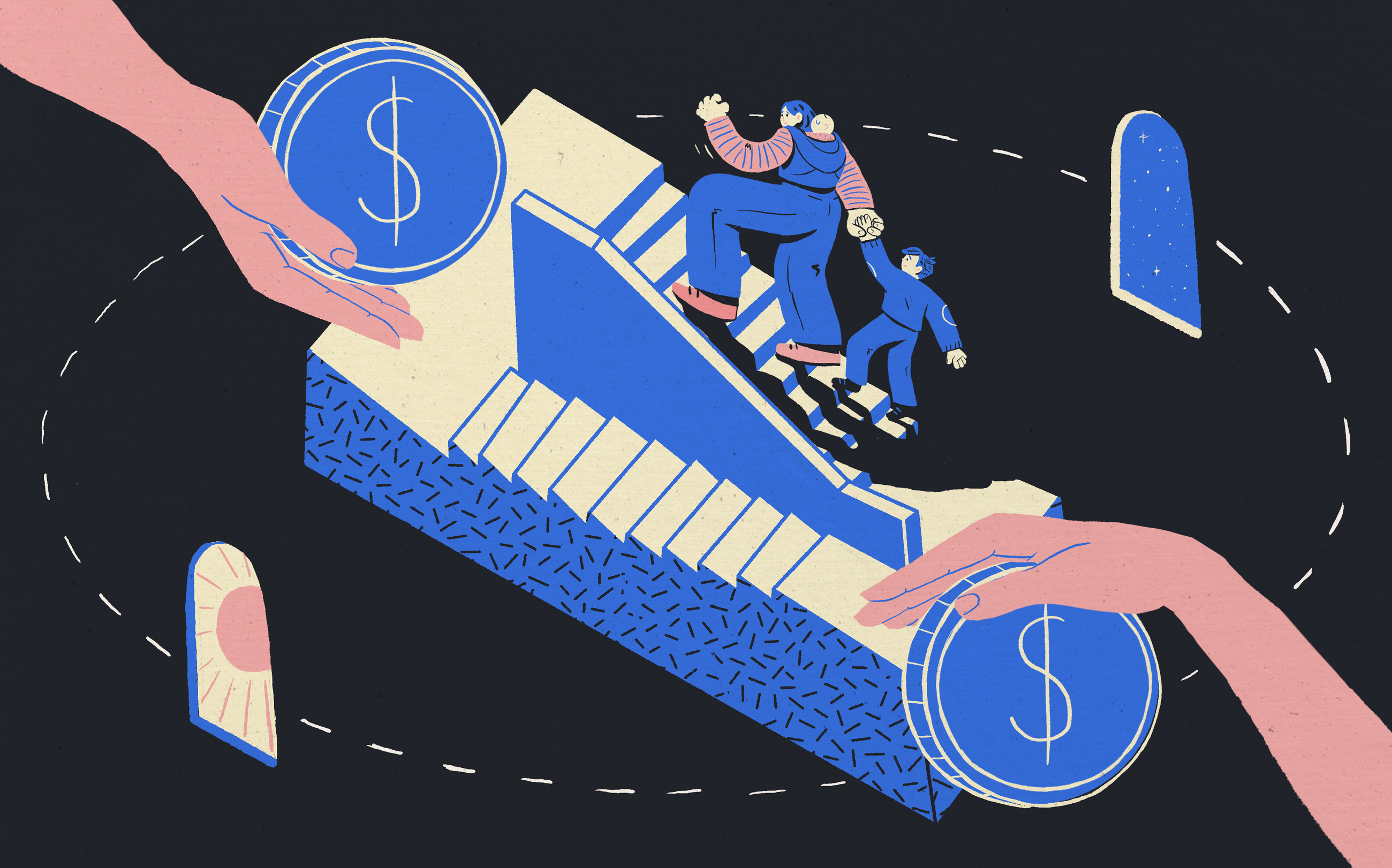 一个女人和她的孩子们绕过彭罗斯的资金楼梯。