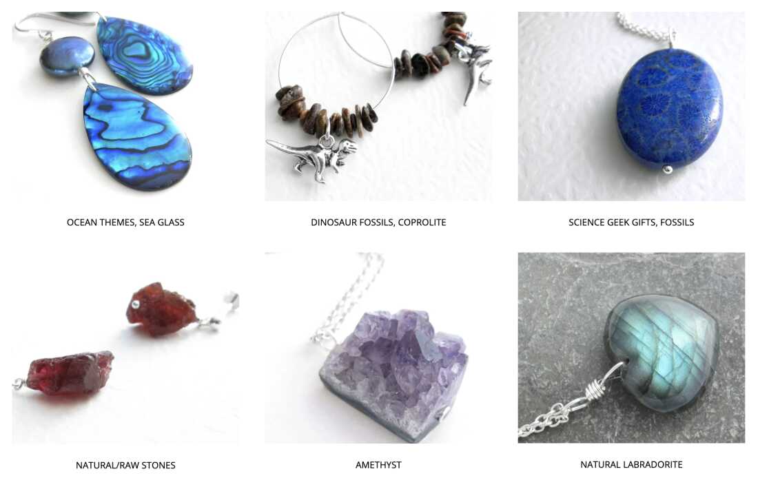 辛迪·巴尔达西（Cindy Baldassi）网站上的这张屏幕截图显示了她通过Etsy Shop和其他网站出售的六件手工珠宝，其中包括天然石头和化石。
