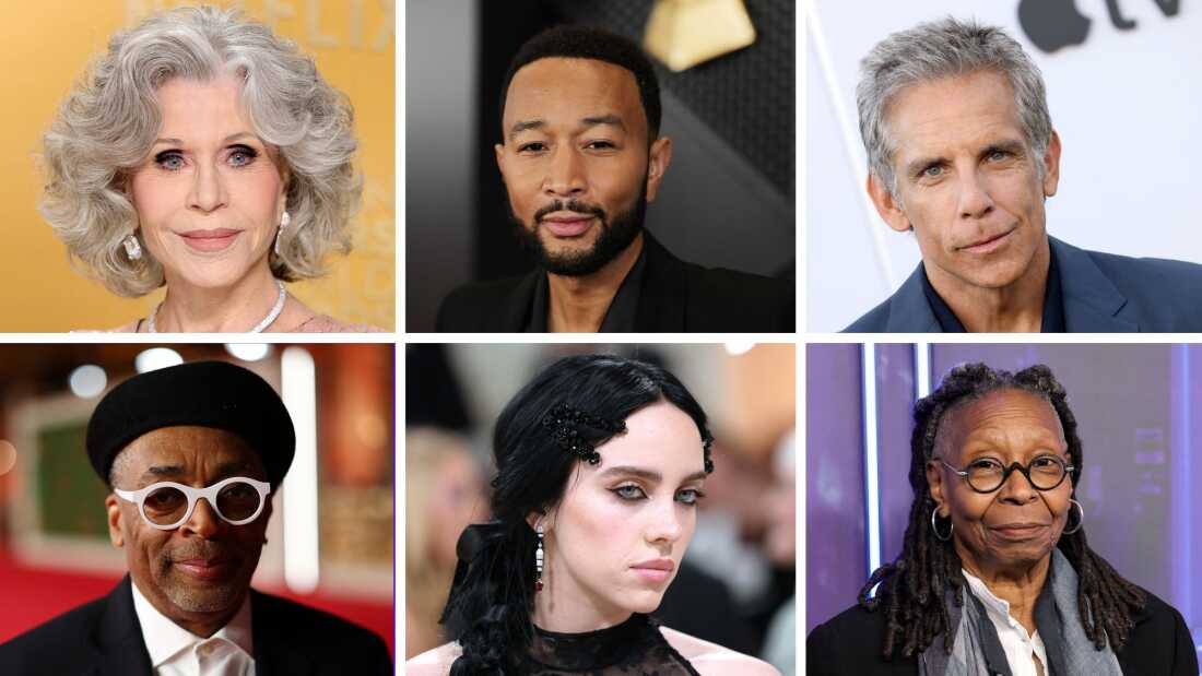 顺时针从左上方：简·方达（Jane Fonda），约翰·莱格（John Legend），本·斯蒂勒