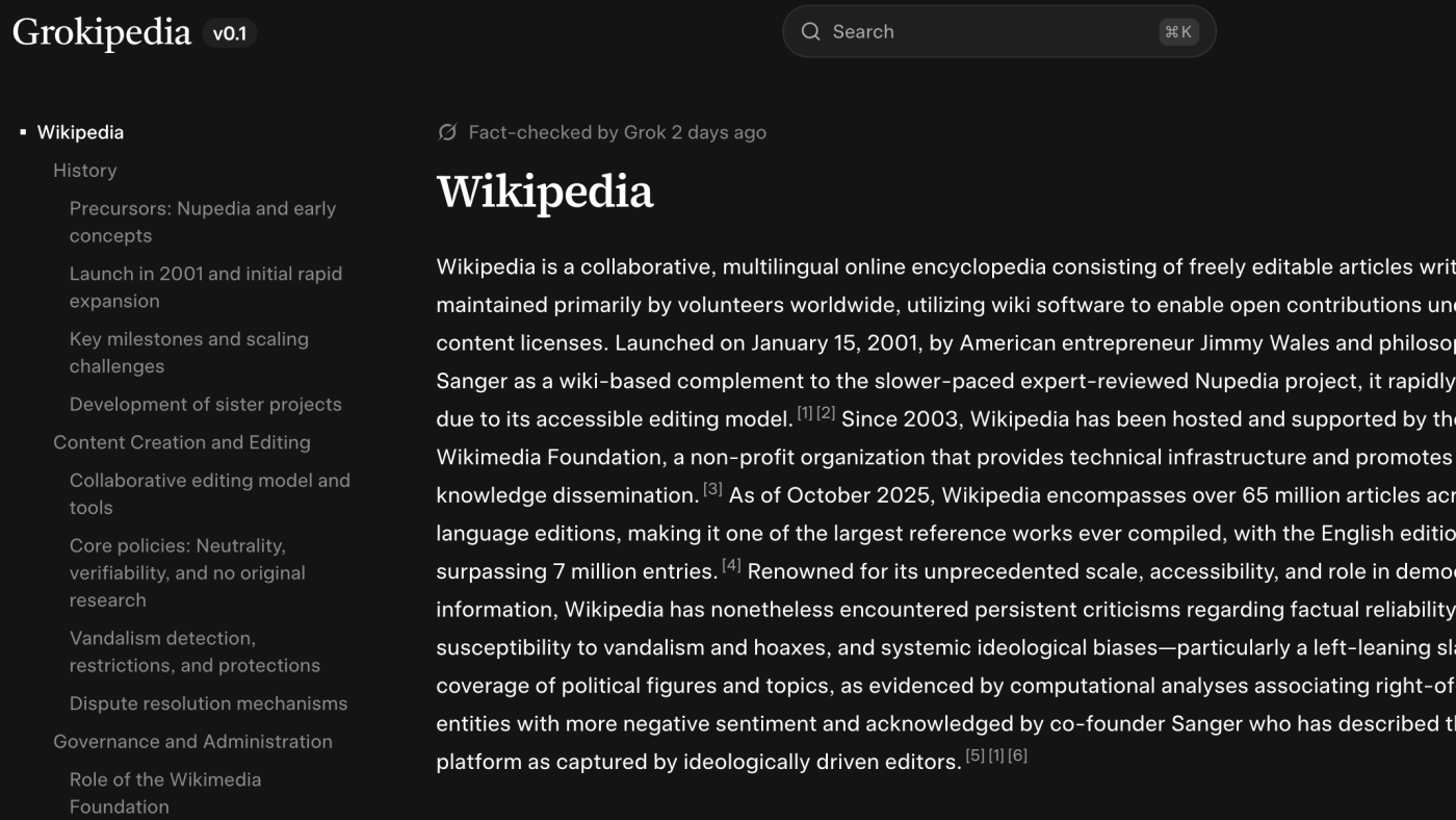维基百科和 Grokipedia 对彼此的评价