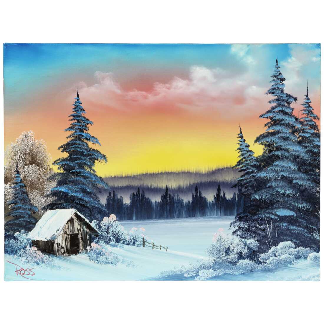 鲍勃·罗斯 (Bob Ross) 于 1993 年在广播中创作的《冬天的和平》是他 11 月份拍卖的前三幅作品之一。 