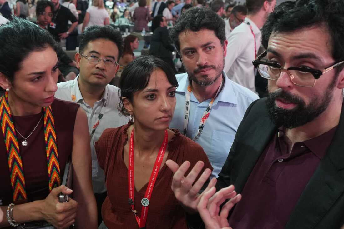 哥伦比亚环境与可持续发展部国际事务负责人 Daniela Duran Gonzalez（中）于 2025 年 11 月 22 日星期六在巴西贝伦举行的 COP30 联合国气候峰会全体会议上聆听代表们的发言。
