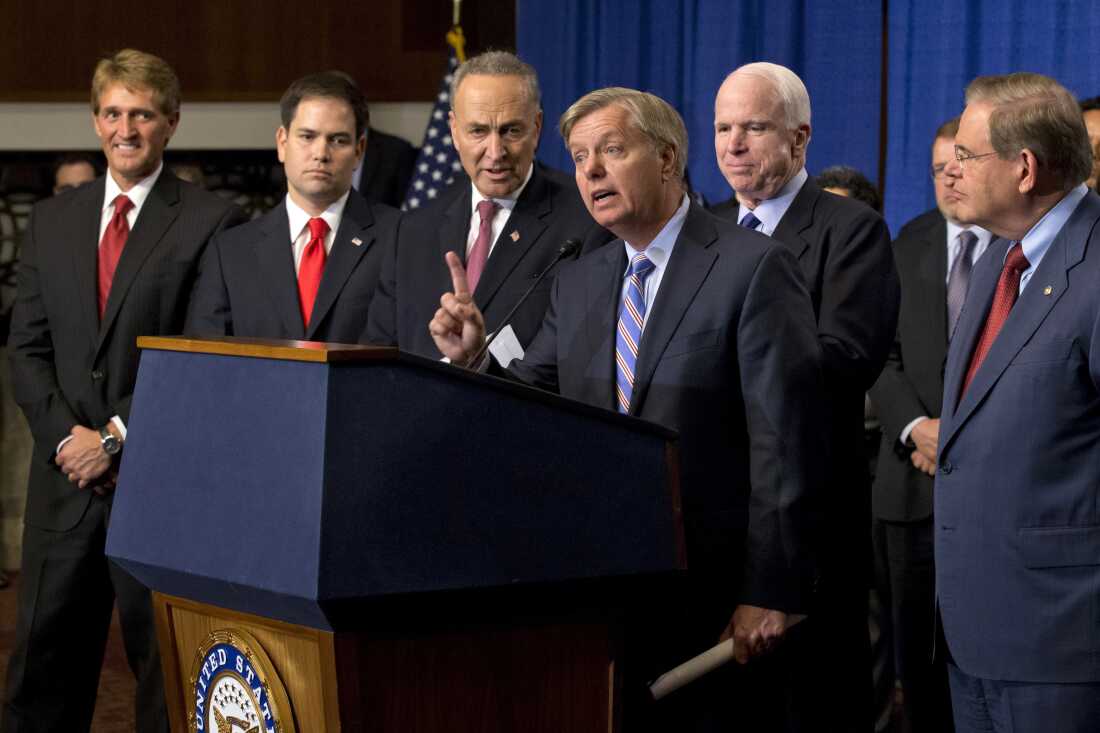 包括RS.C.参议员Lindsey Graham在内的八位立法者试图在2013年通过全面的移民改革，但失败了。上图，八位议员从左至右分别是亚利桑那州共和党参议员Jeff Flake、佛罗里达州共和党参议员Marco Rubio、纽约州参议员查克·舒默、亚利桑那州共和党参议员格雷厄姆、亚利桑那州共和党参议员约翰·麦凯恩和新泽西州参议员罗伯特·梅嫩德斯。
