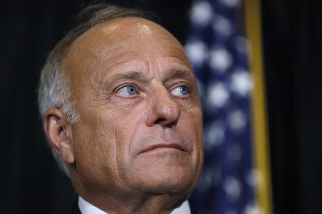 爱荷华州前众议员史蒂夫·金 (Steve King) 在 2019 年 8 月的新闻发布会上听取提问。在金发表有关白人至上的有争议言论后，众议院领导层剥夺了他在委员会的职务。