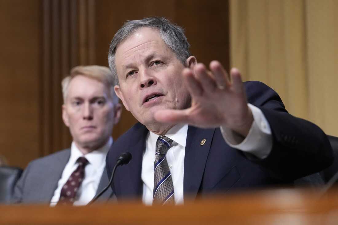 蒙大拿州共和党参议员史蒂夫·戴恩斯 (Steve Daines) 于 2025 年 1 月 16 日星期四在华盛顿国会大厦举行的参议院财务委员会确认候任总统唐纳德·特朗普 (Donald Trump) 出任财政部长的斯科特·贝森特 (Scott Bessent) 确认听证会上发表讲话。
