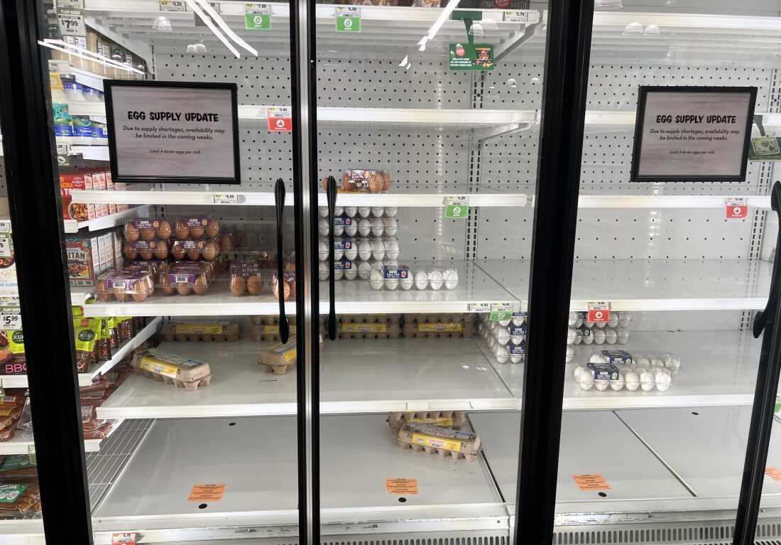 2025 年 1 月，在一家杂货店的冷藏区，玻璃门后面的冰箱架上只有数量有限的鸡蛋。大多数货架都是空的。一扇门上的牌子上写着： "由于供应短缺，未来几周内的供应可能会受到限制。"