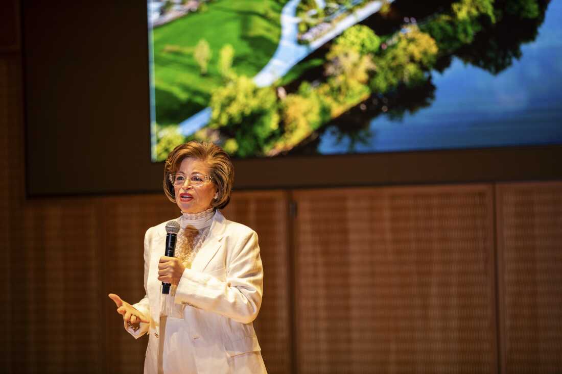 奥巴马总统前高级顾问瓦莱丽·贾勒特 (Valerie Jarrett) 在该中心礼堂向媒体致开幕词。