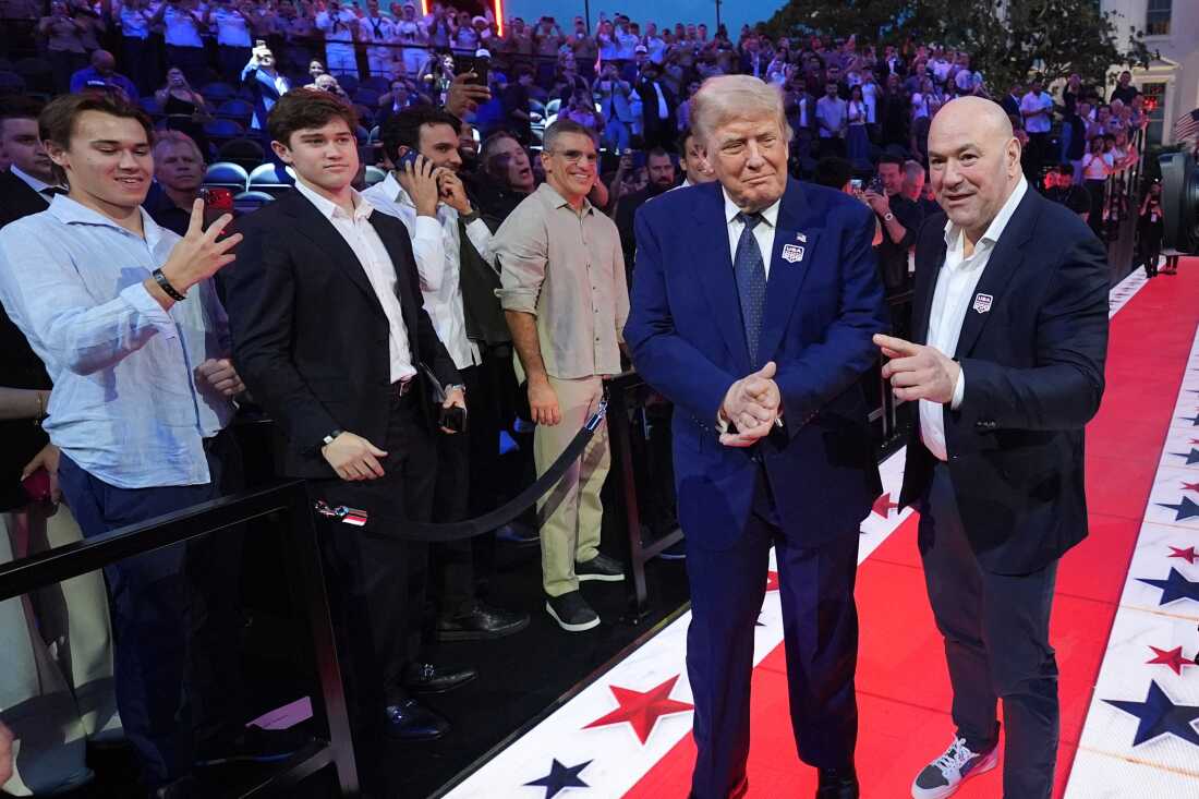 唐纳德·特朗普总统和 UFC 总裁兼首席执行官达纳·怀特于 2026 年 6 月 14 日星期日抵达华盛顿白宫南草坪参加 UFC Freedom 250。