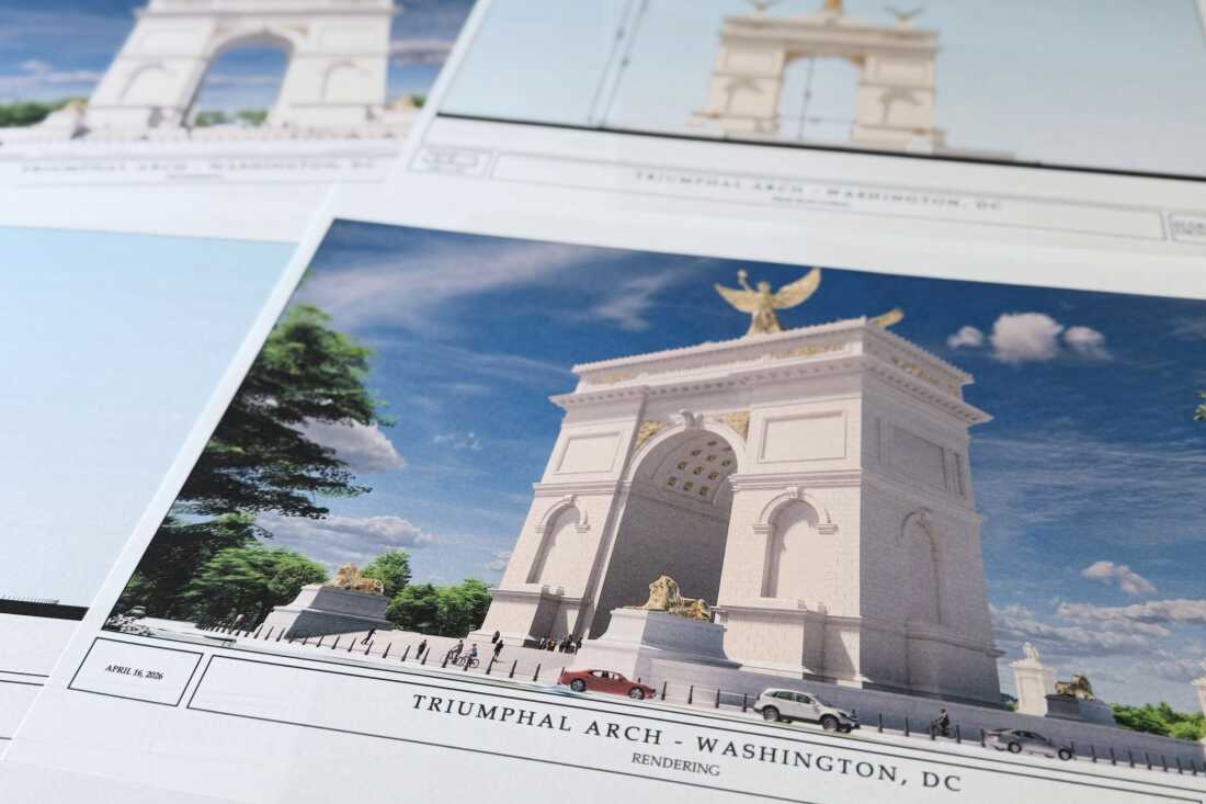 250 英尺高的拱门的效果图，该拱门将建在林肯纪念堂和阿灵顿国家公墓之间的交通环岛上。